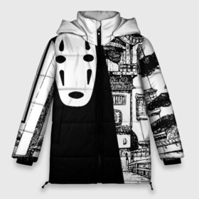 Женская зимняя куртка 3D с принтом No-Face Spirited Away Ghibli в Новосибирске, верх — 100% полиэстер; подкладка — 100% полиэстер; утеплитель — 100% полиэстер | длина ниже бедра, силуэт Оверсайз. Есть воротник-стойка, отстегивающийся капюшон и ветрозащитная планка. 

Боковые карманы с листочкой на кнопках и внутренний карман на молнии | Тематика изображения на принте: ghibli | hayao miyazaki | no face | spirited away | studio ghibli | аниме | безликий | гибли | манга | унесенные призраками