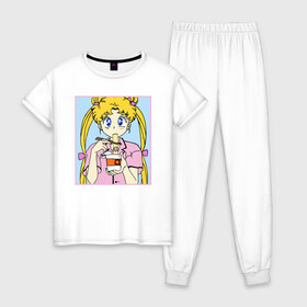 Женская пижама хлопок с принтом Sailor Moon Usagi Tsukino в Новосибирске, 100% хлопок | брюки и футболка прямого кроя, без карманов, на брюках мягкая резинка на поясе и по низу штанин | anime | kawaii | manga | sailor moon | sailor senshi | usagi tsukino | аниме | воин в матроске | манга | сейлор мун | усаги цукино