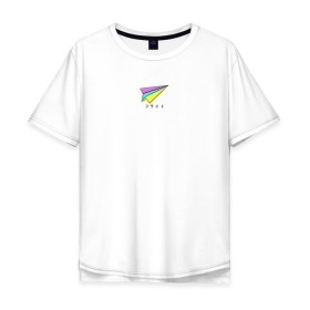 Мужская футболка хлопок Oversize с принтом Бумажный самолетик в Новосибирске, 100% хлопок | свободный крой, круглый ворот, “спинка” длиннее передней части | бумажный самолёт | иероглифы | надпись на японском | оригами | радуга | самолётик | цветной