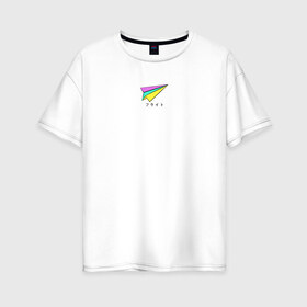 Женская футболка хлопок Oversize с принтом Бумажный самолетик в Новосибирске, 100% хлопок | свободный крой, круглый ворот, спущенный рукав, длина до линии бедер
 | бумажный самолёт | иероглифы | надпись на японском | оригами | радуга | самолётик | цветной