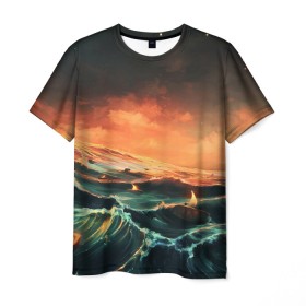 Мужская футболка 3D с принтом Фэнтези море корабли закат в Новосибирске, 100% полиэфир | прямой крой, круглый вырез горловины, длина до линии бедер | волнение | волны | графика | закат | корабли | море | не сочетаемое | ореховая скорлупа | рассвет | рисунок | свечи | сон | фантастика | фэнтези | шторм