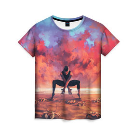 Женская футболка 3D с принтом Танцовщица крабы закат море в Новосибирске, 100% полиэфир ( синтетическое хлопкоподобное полотно) | прямой крой, круглый вырез горловины, длина до линии бедер | арт | закат | иллюстрация | крабы | море | небо | песок | пляж | рассвет | рисунок | танец | танцовщица | управление