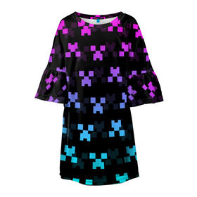 Детское платье 3D с принтом MINECRAFT CREEPER NEON в Новосибирске, 100% полиэстер | прямой силуэт, чуть расширенный к низу. Круглая горловина, на рукавах — воланы | Тематика изображения на принте: block | creeper | cube | minecraft | neon | pixel | блок | геометрия | крафт | крипер | кубики | майнкрафт | неон | пиксели