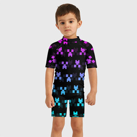 Детский купальный костюм 3D с принтом MINECRAFT CREEPER NEON в Новосибирске, Полиэстер 85%, Спандекс 15% | застежка на молнии на спине | block | creeper | cube | minecraft | neon | pixel | блок | геометрия | крафт | крипер | кубики | майнкрафт | неон | пиксели
