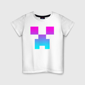Детская футболка хлопок с принтом MINECRAFT CREEPER NEON в Новосибирске, 100% хлопок | круглый вырез горловины, полуприлегающий силуэт, длина до линии бедер | block | creeper | cube | minecraft | pixel | блок | геометрия | крафт | крипер | кубики | майнкрафт | пиксели