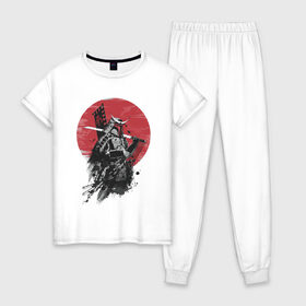 Женская пижама хлопок с принтом Японский самурай в Новосибирске, 100% хлопок | брюки и футболка прямого кроя, без карманов, на брюках мягкая резинка на поясе и по низу штанин | белый | воен | катана | красный | меч | пепел | самурай | флаг | черный | япония