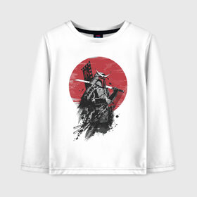 Детский лонгслив хлопок с принтом Японский самурай в Новосибирске, 100% хлопок | круглый вырез горловины, полуприлегающий силуэт, длина до линии бедер | Тематика изображения на принте: белый | воен | катана | красный | меч | пепел | самурай | флаг | черный | япония