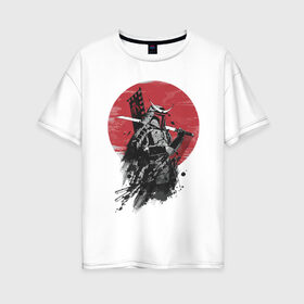 Женская футболка хлопок Oversize с принтом Японский самурай в Новосибирске, 100% хлопок | свободный крой, круглый ворот, спущенный рукав, длина до линии бедер
 | белый | воен | катана | красный | меч | пепел | самурай | флаг | черный | япония