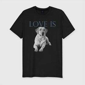 Мужская футболка хлопок Slim с принтом Любовь - это лабрадор в Новосибирске, 92% хлопок, 8% лайкра | приталенный силуэт, круглый вырез ворота, длина до линии бедра, короткий рукав | дрессировка | забота | лабр | лабрадор | лабрадор ретривер | любовь | собака | собаки | собачка | собачник | увлечение | хобби