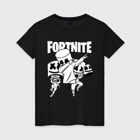 Женская футболка хлопок с принтом FORTNITE x MARSHMELLO в Новосибирске, 100% хлопок | прямой крой, круглый вырез горловины, длина до линии бедер, слегка спущенное плечо | deadmau5 | fortnite | fortnite 2 | fortnite x маршмелло | ikonik | marshmello | ninja | ninja streamer | raven | travis scott | ворон | иконик | ниндзя | пили | рейвен | трэвис скотт | фортнайт