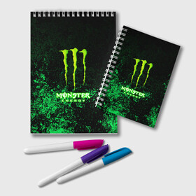 Блокнот с принтом MONSTER ENERGY в Новосибирске, 100% бумага | 48 листов, плотность листов — 60 г/м2, плотность картонной обложки — 250 г/м2. Листы скреплены удобной пружинной спиралью. Цвет линий — светло-серый
 | amg | auto | bmw | honda | jdm | mercedes | nissan | porsche | racing | sport | subar | toyota | автомобил | автомобильные | киа | лексус | марка | машины | митсубиси | ниссан | порше | спорт | субару | тесла | тойота | хонда