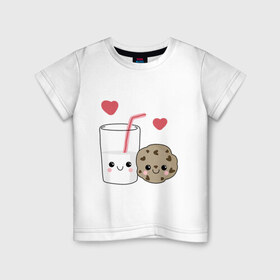 Детская футболка хлопок с принтом Milk and Cookies Love в Новосибирске, 100% хлопок | круглый вырез горловины, полуприлегающий силуэт, длина до линии бедер | Тематика изображения на принте: coockie | friend | minimalism | дружба | любовь | минимализм | молоко | печенье | печенька | печеньки