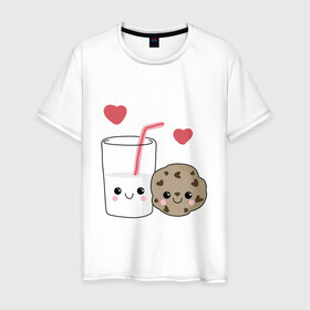 Мужская футболка хлопок с принтом Milk and Cookies Love в Новосибирске, 100% хлопок | прямой крой, круглый вырез горловины, длина до линии бедер, слегка спущенное плечо. | Тематика изображения на принте: coockie | friend | minimalism | дружба | любовь | минимализм | молоко | печенье | печенька | печеньки