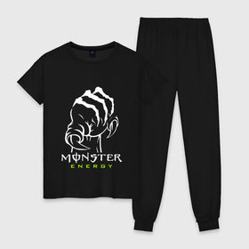Женская пижама хлопок с принтом MONSTER ENERGY (Z) в Новосибирске, 100% хлопок | брюки и футболка прямого кроя, без карманов, на брюках мягкая резинка на поясе и по низу штанин | black monster | bmx | claw | cybersport | energy | monster | monster energy | moto | motocross | race | sport | киберспорт | когти | монстер энерджи | монстр | мото | мотокросс | ралли | скейтбординг | спорт | т | энергия