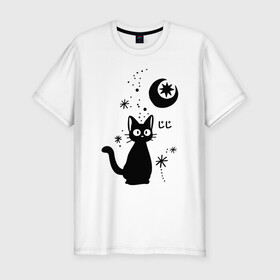 Мужская футболка хлопок Slim с принтом Jiji Cat в Новосибирске, 92% хлопок, 8% лайкра | приталенный силуэт, круглый вырез ворота, длина до линии бедра, короткий рукав | Тематика изображения на принте: cat | jiji | kitty | аниме | ведьма | гибли | джиджи | животные | кот | котенок | кошка | миядзаки | мульт | мультфильм | тоторо