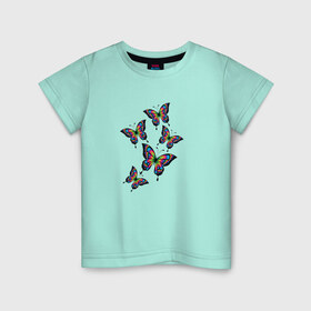Детская футболка хлопок с принтом Радужные бабочки в Новосибирске, 100% хлопок | круглый вырез горловины, полуприлегающий силуэт, длина до линии бедер | Тематика изображения на принте: ангел | бабочка | бабочки | весна | девочкам | девушке | крылья | лето | любовь | милый | насекомые | нежный | неоновый | подарок | природа | радужный | романтика | солнечный | цветочки
