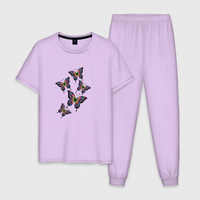 Мужская пижама хлопок с принтом Радужные бабочки в Новосибирске, 100% хлопок | брюки и футболка прямого кроя, без карманов, на брюках мягкая резинка на поясе и по низу штанин
 | ангел | бабочка | бабочки | весна | девочкам | девушке | крылья | лето | любовь | милый | насекомые | нежный | неоновый | подарок | природа | радужный | романтика | солнечный | цветочки