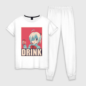 Женская пижама хлопок с принтом DRINK в Новосибирске, 100% хлопок | брюки и футболка прямого кроя, без карманов, на брюках мягкая резинка на поясе и по низу штанин | Тематика изображения на принте: anime | chuunibyou | cute | demo | drink | eye | ga | girl | hope | kawai | kawaii | koi | manga | rikka | takanashi | wicked | аниме | бант | гл | глаз | грешный | девочка | злой | любви | манга | на | надпись | не | пить | плакат | п