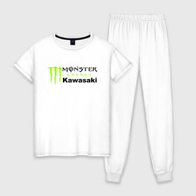 Женская пижама хлопок с принтом KAWASAKI (Z) в Новосибирске, 100% хлопок | брюки и футболка прямого кроя, без карманов, на брюках мягкая резинка на поясе и по низу штанин | bike | energy | kawasaki | monster | monster energy | moto | motocross | ninja | sport | zzr | кавасаки | кавасаки ниндзя | монстер энерджи | монстр | мото | мотокросс | ниндзя | спорт | энергия