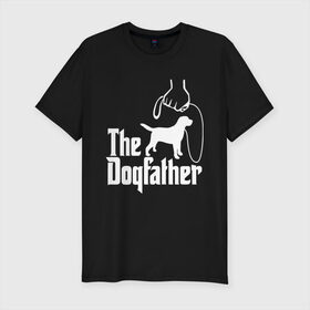 Мужская футболка хлопок Slim с принтом The Dogfather - пародия в Новосибирске, 92% хлопок, 8% лайкра | приталенный силуэт, круглый вырез ворота, длина до линии бедра, короткий рукав | Тематика изображения на принте: godfather | крестный отец | лабрадор | ретривер | собака | собачник | хобби