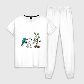 Женская пижама хлопок с принтом Снупи и ёлка в Новосибирске, 100% хлопок | брюки и футболка прямого кроя, без карманов, на брюках мягкая резинка на поясе и по низу штанин | 