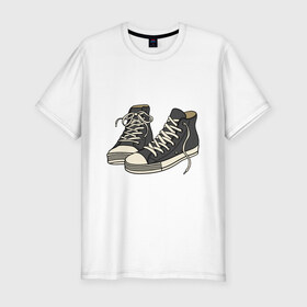 Мужская футболка хлопок Slim с принтом Кроссовки в Новосибирске, 92% хлопок, 8% лайкра | приталенный силуэт, круглый вырез ворота, длина до линии бедра, короткий рукав | арт | бабочка | белый | кроссовки | лето | обувь | темный | узел | черный | шнурки