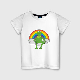 Детская футболка хлопок с принтом Лягушонок Кермит в Новосибирске, 100% хлопок | круглый вырез горловины, полуприлегающий силуэт, длина до линии бедер | rainbow | герой | животные | зелёный | кермит | лягушка | мультик | мультфильм | персонаж | радуга | улица сезам | цветной