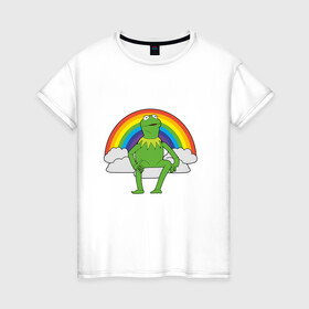Женская футболка хлопок с принтом Лягушонок Кермит в Новосибирске, 100% хлопок | прямой крой, круглый вырез горловины, длина до линии бедер, слегка спущенное плечо | rainbow | герой | животные | зелёный | кермит | лягушка | мультик | мультфильм | персонаж | радуга | улица сезам | цветной