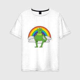 Женская футболка хлопок Oversize с принтом Лягушонок Кермит в Новосибирске, 100% хлопок | свободный крой, круглый ворот, спущенный рукав, длина до линии бедер
 | rainbow | герой | животные | зелёный | кермит | лягушка | мультик | мультфильм | персонаж | радуга | улица сезам | цветной
