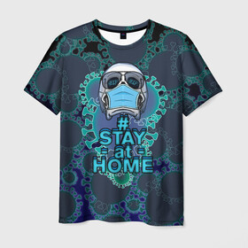 Мужская футболка 3D с принтом Stay at home hashtag в Новосибирске, 100% полиэфир | прямой крой, круглый вырез горловины, длина до линии бедер | covid | isolation | stay at home | stayhome | болезнь | здоровье | изоляция | карантин | ковид | ковид 19 | корновирус | маска | очки | режим изоляции | сиди дома | сидим дома | удаленка | удаленный