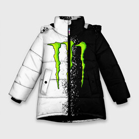 Зимняя куртка для девочек 3D с принтом MONSTER ENERGY в Новосибирске, ткань верха — 100% полиэстер; подклад — 100% полиэстер, утеплитель — 100% полиэстер. | длина ниже бедра, удлиненная спинка, воротник стойка и отстегивающийся капюшон. Есть боковые карманы с листочкой на кнопках, утяжки по низу изделия и внутренний карман на молнии. 

Предусмотрены светоотражающий принт на спинке, радужный светоотражающий элемент на пуллере молнии и на резинке для утяжки. | black monster | bmx | claw | cybersport | energy | monster | monster energy | moto | motocross | race | sport | киберспорт | когти | монстер энерджи | монстр | мото | мотокросс | ралли | скейтбординг | спорт | энергия