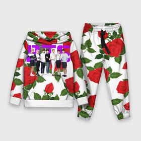 Детский костюм 3D (с толстовкой) с принтом BTS Roses | White в Новосибирске,  |  | bangtan boys | bt21 | bts | bts army | j hope | jimin | jin | jungkook | k pop | korea | korean | pink bts | rap monster | rapmon | suga | v | бтс | кей | корейские | корея | кэй | музыканты | поп | розовая | стикеры