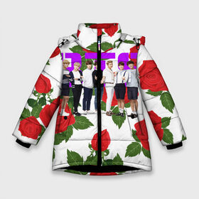 Зимняя куртка для девочек 3D с принтом BTS Roses White в Новосибирске, ткань верха — 100% полиэстер; подклад — 100% полиэстер, утеплитель — 100% полиэстер. | длина ниже бедра, удлиненная спинка, воротник стойка и отстегивающийся капюшон. Есть боковые карманы с листочкой на кнопках, утяжки по низу изделия и внутренний карман на молнии. 

Предусмотрены светоотражающий принт на спинке, радужный светоотражающий элемент на пуллере молнии и на резинке для утяжки. | Тематика изображения на принте: bangtan boys | bt21 | bts | bts army | j hope | jimin | jin | jungkook | k pop | korea | korean | pink bts | rap monster | rapmon | suga | v | бтс | кей | корейские | корея | кэй | музыканты | поп | розовая | стикеры