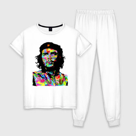 Женская пижама хлопок с принтом Che в Новосибирске, 100% хлопок | брюки и футболка прямого кроя, без карманов, на брюках мягкая резинка на поясе и по низу штанин | argentina | che guevara | color | cuba | paint | revolutionary | аргентина | краска | куба | революционер | цвет | че гевара