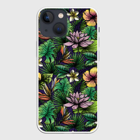 Чехол для iPhone 13 mini с принтом Летние цветы в Новосибирске,  |  | summer | джунгли | краски | летняя | лето | листы | листья | надпись | настроение | отдых | отпуск | пальмы | пляжная | позитив | стиль | тропики | тропическая | цветочки | цветы | яркая