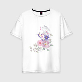 Женская футболка хлопок Oversize с принтом Акварельный цветы в Новосибирске, 100% хлопок | свободный крой, круглый ворот, спущенный рукав, длина до линии бедер
 | акварель | арт | зеленый | лето | полевые цветы | рисунок | розовый | синий | фиолетовый | цветы