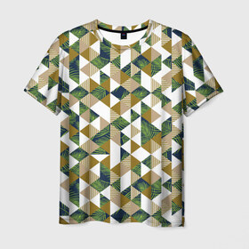 Мужская футболка 3D с принтом Хипстерские треугольники в Новосибирске, 100% полиэфир | прямой крой, круглый вырез горловины, длина до линии бедер | Тематика изображения на принте: hawaii | hipster | pattern | summer | гаваи | гавайи | гавайская | летняя | лето | листы | листья | модная | отдых | отпуск | пальмы | паттерн | текстура | треугольники | хипстер | яркая