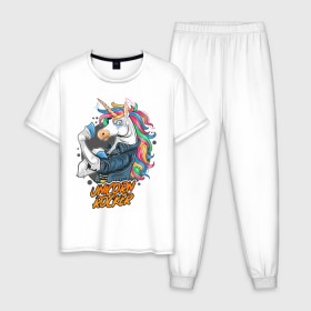 Мужская пижама хлопок с принтом Unicorn Rocker в Новосибирске, 100% хлопок | брюки и футболка прямого кроя, без карманов, на брюках мягкая резинка на поясе и по низу штанин
 | art | rock | rocker | unicorn | арт | единорог | животные | картинка | рисунок | рок | рокер