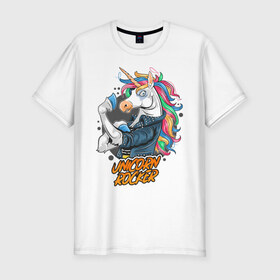 Мужская футболка премиум с принтом Unicorn Rocker в Новосибирске, 92% хлопок, 8% лайкра | приталенный силуэт, круглый вырез ворота, длина до линии бедра, короткий рукав | Тематика изображения на принте: art | rock | rocker | unicorn | арт | единорог | животные | картинка | рисунок | рок | рокер