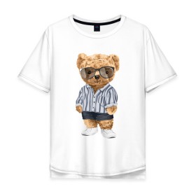 Мужская футболка хлопок Oversize с принтом Модный плюшевый медведь в Новосибирске, 100% хлопок | свободный крой, круглый ворот, “спинка” длиннее передней части | арт | животные | игрушка | картинка | крутой медведь | медведь | медвежонок | мишка | мода | модный медведь | плюшевый | плюшевый медведь | рисунок