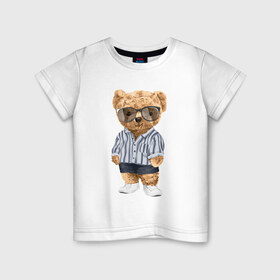 Детская футболка хлопок с принтом Модный плюшевый медведь в Новосибирске, 100% хлопок | круглый вырез горловины, полуприлегающий силуэт, длина до линии бедер | Тематика изображения на принте: арт | животные | игрушка | картинка | крутой медведь | медведь | медвежонок | мишка | мода | модный медведь | плюшевый | плюшевый медведь | рисунок