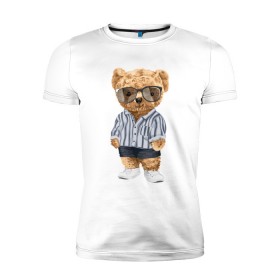 Мужская футболка премиум с принтом Модный плюшевый медведь в Новосибирске, 92% хлопок, 8% лайкра | приталенный силуэт, круглый вырез ворота, длина до линии бедра, короткий рукав | арт | животные | игрушка | картинка | крутой медведь | медведь | медвежонок | мишка | мода | модный медведь | плюшевый | плюшевый медведь | рисунок