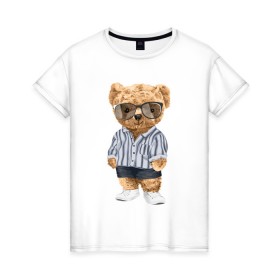 Женская футболка хлопок с принтом Модный плюшевый медведь в Новосибирске, 100% хлопок | прямой крой, круглый вырез горловины, длина до линии бедер, слегка спущенное плечо | арт | животные | игрушка | картинка | крутой медведь | медведь | медвежонок | мишка | мода | модный медведь | плюшевый | плюшевый медведь | рисунок
