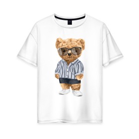 Женская футболка хлопок Oversize с принтом Модный плюшевый медведь в Новосибирске, 100% хлопок | свободный крой, круглый ворот, спущенный рукав, длина до линии бедер
 | арт | животные | игрушка | картинка | крутой медведь | медведь | медвежонок | мишка | мода | модный медведь | плюшевый | плюшевый медведь | рисунок