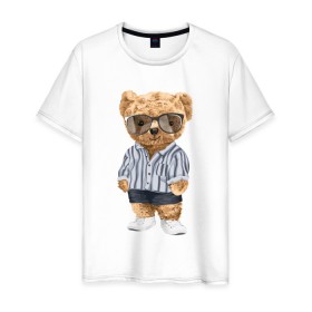 Мужская футболка хлопок с принтом Модный плюшевый медведь в Новосибирске, 100% хлопок | прямой крой, круглый вырез горловины, длина до линии бедер, слегка спущенное плечо. | Тематика изображения на принте: арт | животные | игрушка | картинка | крутой медведь | медведь | медвежонок | мишка | мода | модный медведь | плюшевый | плюшевый медведь | рисунок
