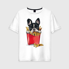 Женская футболка хлопок Oversize с принтом Песик и картофель фри в Новосибирске, 100% хлопок | свободный крой, круглый ворот, спущенный рукав, длина до линии бедер
 | mcdonalds | арт | животные | картинка | картофель фри | картошка | мак | макдональдс | милая собачка | пес | песик | рисунок | собака | собачка | фри