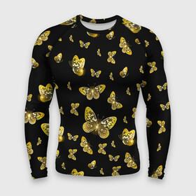 Мужской рашгард 3D с принтом Golden Butterfly pattern в Новосибирске,  |  | black | pattern | summer | wings | ангел | бабочка | бабочки | блестки | блестящий | девушке | желтые | животные | звери | золото | золотые | крылья | летать | летний | лето | мотылек | насекомое | ночные | паттерн