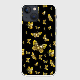 Чехол для iPhone 13 mini с принтом Golden Butterfly pattern в Новосибирске,  |  | black | pattern | summer | wings | ангел | бабочка | бабочки | блестки | блестящий | девушке | желтые | животные | звери | золото | золотые | крылья | летать | летний | лето | мотылек | насекомое | ночные | паттерн