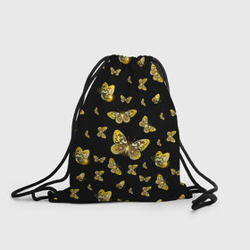 Рюкзак-мешок 3D с принтом Golden Butterfly pattern в Новосибирске, 100% полиэстер | плотность ткани — 200 г/м2, размер — 35 х 45 см; лямки — толстые шнурки, застежка на шнуровке, без карманов и подкладки | Тематика изображения на принте: black | pattern | summer | wings | ангел | бабочка | бабочки | блестки | блестящий | девушке | желтые | животные | звери | золото | золотые | крылья | летать | летний | лето | мотылек | насекомое | ночные | паттерн