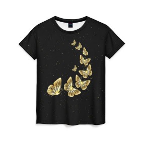 Женская футболка 3D с принтом Golden Butterfly in Space в Новосибирске, 100% полиэфир ( синтетическое хлопкоподобное полотно) | прямой крой, круглый вырез горловины, длина до линии бедер | Тематика изображения на принте: black | summer | wings | ангел | бабочка | бабочки | блестки | блестящий | девушке | желтые | животные | звезды | звери | золото | золотые | космос | крылья | летать | летний | лето | мотылек | насекомое | ночные
